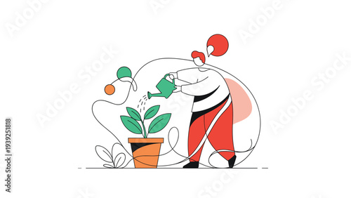 Stylized illustration of a person watering a potted plant with a green watering can, surrounded by abstract lines and shapes, symbolizing care and growth.