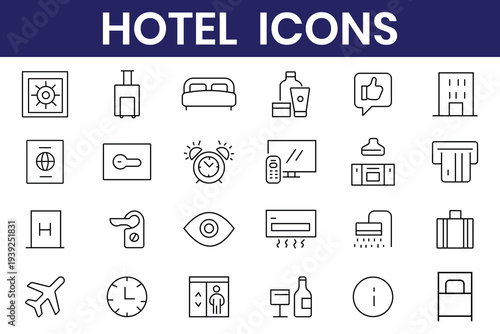 Hotel icons set. Hotel elements - thin line web icon set.  Set of apartment reservation, hotel booking, rent hostel room, airport shuttle, room area, flat rent, five-star hotel, service icon