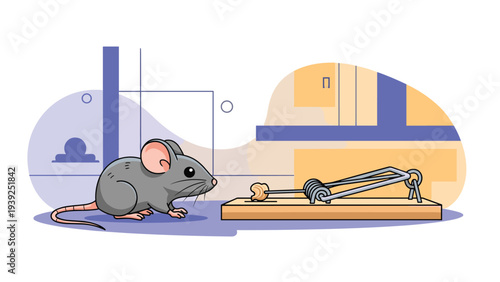 Curious grey mouse cautiously approaching a piece of cheese bait on a classic wooden mousetrap, set against a subtle abstract background.