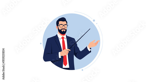 Confident bearded businessman in a suit, holding a presentation stick and gesturing, framed within a dynamic circular design element.