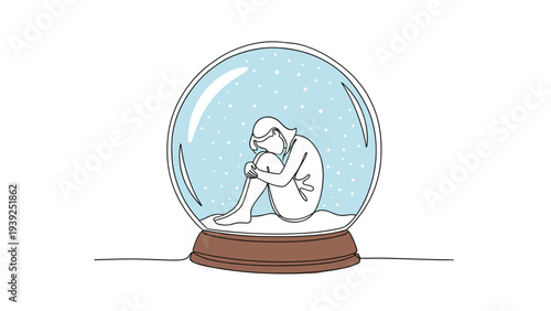 Continuous one-line art illustration depicting a solitary person huddled sadly inside a snow globe, symbolizing isolation, loneliness, or introspection during winter.