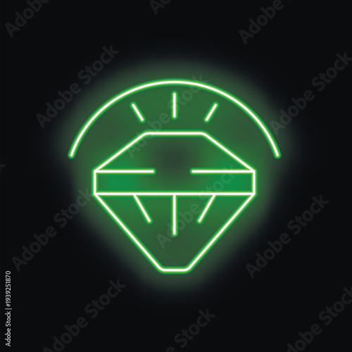 Green neon sign of a shining diamond icon symbolising luxury and success on black background