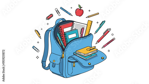 Vibrant blue backpack with its zipper open, showcasing an explosion of colorful school supplies, including notebooks, pencils, and an apple.