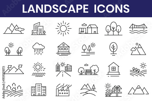 Landscape icon set. Containing mountain, forest, river, beach, desert, field, island, volcano, waterfall, and more. Outline set of landscape designer vector icons for web design. 