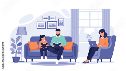 Cozy family scene with a father and daughter reading books on a sofa, while the mother works on a laptop in an armchair, depicting modern family life.