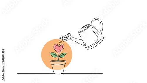 Continuous one-line art illustration of a watering can gently nurturing a heart-shaped plant growing in a pot, symbolizing love, care, and growth.
