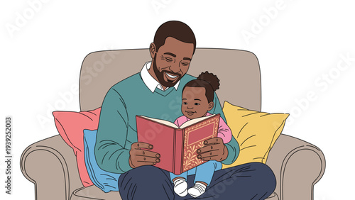 Loving black father cheerfully reading a book to his adorable young daughter, who is sitting on his lap in a comfortable armchair.