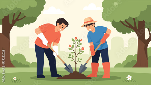 Dedicated young men actively working together to plant a tree in a green park, symbolizing environmental conservation and community effort.