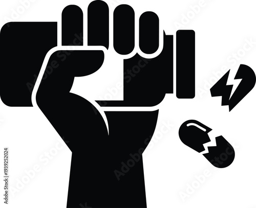Black silhouette of a clenched fist breaking free from a pill