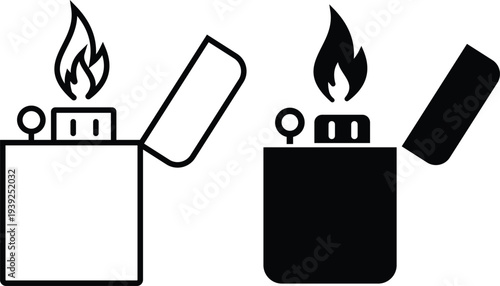 flaming lighter fire icon. Metal and disposable lighter silhouette set.  portable metal lighter icons with a lit flame.