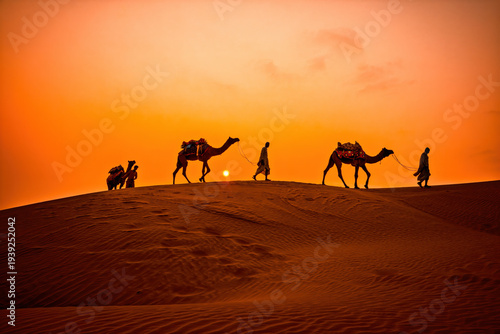 Camel caravan crossing desert dunes at fiery sunset.Thar desert on sunset Jaisalmer,Rajasthan, India