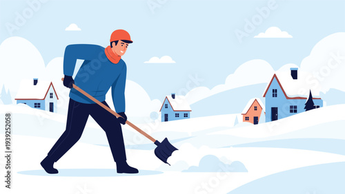 Diligent man actively shoveling snow from a path in a picturesque snowy village scene, with charming houses and winter trees.