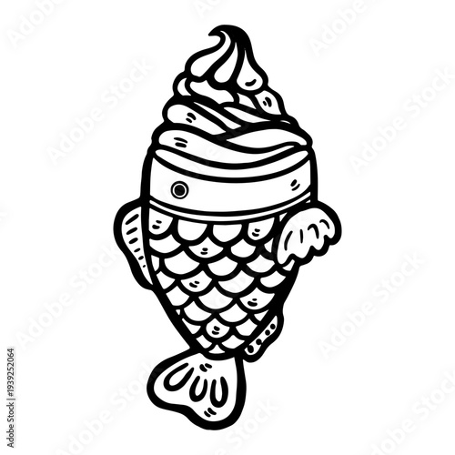 Doodle taiyaki illustration. Japanese fish-shaped sweet dessert isolated on white background. Simple outline drawing suitable for food design, packaging