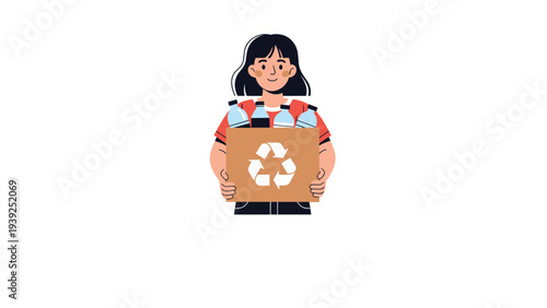 Smiling young woman responsibly holding a cardboard box filled with plastic bottles marked for recycling, promoting environmental awareness and sustainability.