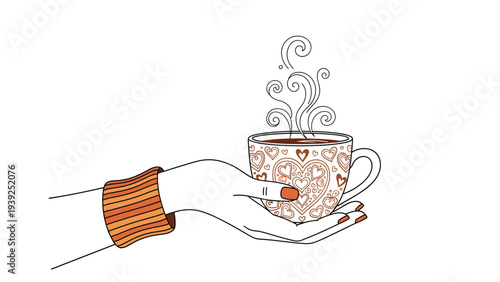 Elegant continuous one-line art drawing of a hand gently holding a steaming cup of coffee or tea, with heart patterns and intricate swirls.