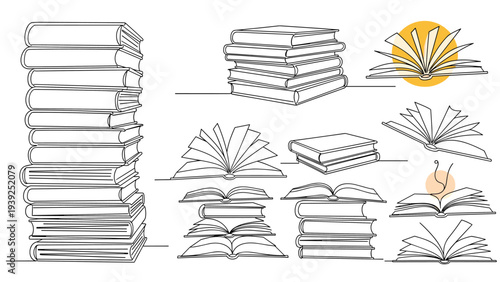 Extensive collection of continuous one-line art drawings showcasing various arrangements of stacked and open books, symbolizing diverse aspects of reading and learning.