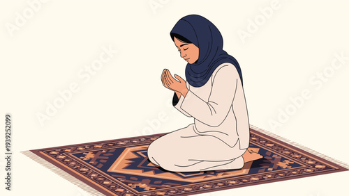 Serene Muslim woman wearing a hijab, kneeling devoutly on a prayer rug with clasped hands, engaged in Islamic prayer.