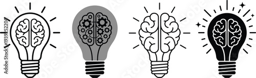 Four light bulbs with brain and gear designs on for innovation concepts