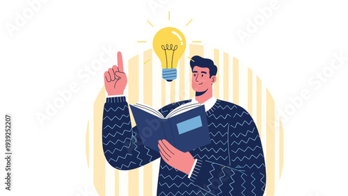 A man reading a book has a bright lightbulb above his head, representing a moment of insight, inspiration, and idea generation.