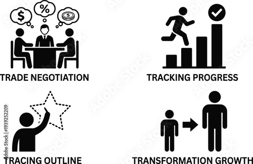 Business icons set including trade negotiation and tracking progress