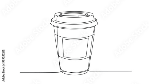 A continuous line drawing of a disposable coffee cup with a lid and sleeve, minimalist art capturing a popular beverage container.