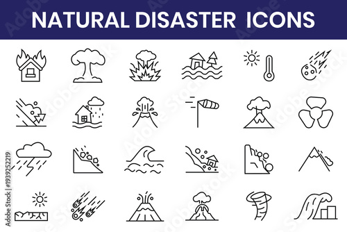 Natural disasters line icons collection. Natural disaster icon set including earth quack, wildfire, sandstorm, tornado, typhoon, flood, abnormal heat, storm, avalanche, eruption. 