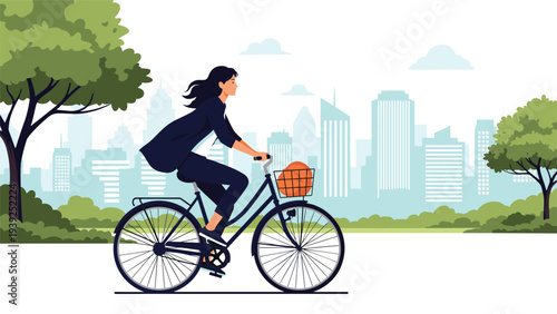 A young woman in a suit rides a bicycle through a city park with a skyline backdrop, promoting urban mobility and eco-friendly commuting.