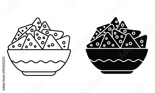 Tortilla chips bowl icon. Set of black and white nacho icons vector isolated on White Background. Guacamole bowl with tortilla chips icon set. glyph styles for Mexican food menu design and snack.