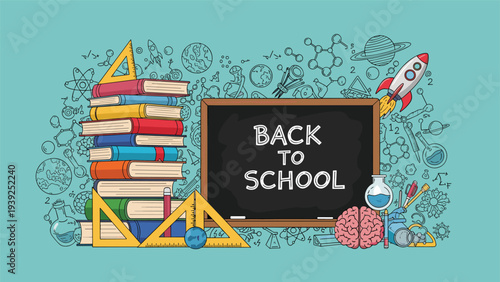 A vibrant "Back to School" illustration featuring a stack of books, school supplies, and a blackboard with rocket and brain doodles.
