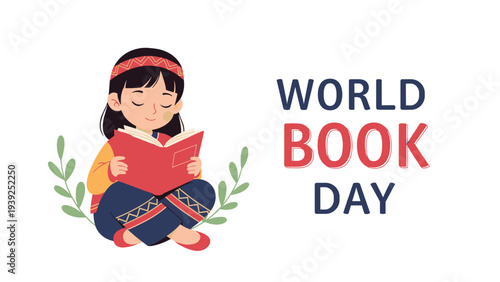 A young girl wearing traditional attire sits cross-legged, happily reading a book, alongside the text "World Book Day."