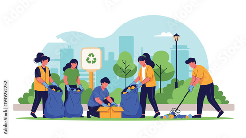 A group of volunteers cleans up a city park, collecting trash and recyclable materials, promoting environmental awareness and community service.