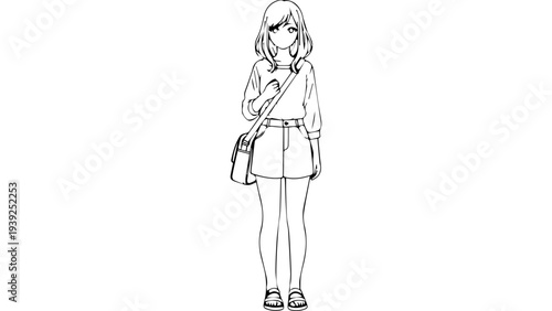 Black and white line art vector of young woman standing with crossbody bag, casual outfit and sandals, minimal outline illustration isolated on white