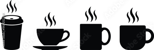 Black silhouettes of four steaming coffee cups