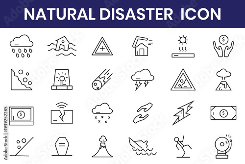 Natural disasters line icons collection. Natural disaster icon set including earth quack, wildfire, sandstorm, tornado, typhoon, flood, abnormal heat, storm, avalanche, eruption. 