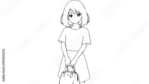 Minimal black and white line art vector of young woman with bob haircut standing and holding handbag, simple outline illustration for fashion branding
