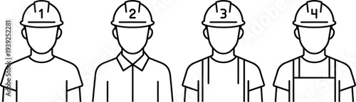 Four construction workers wearing different hard hats and uniforms