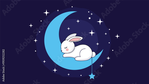 A cute white bunny sleeps peacefully on a crescent moon surrounded by twinkling stars in a serene night sky.