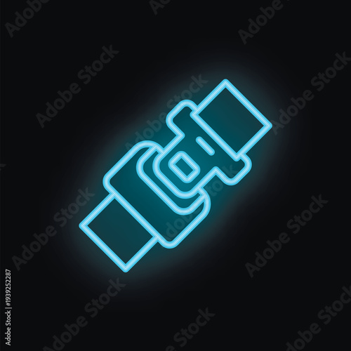 Blue neon sign depicting a closed seat belt buckle glowing on a black background