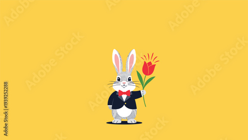 A dapper rabbit in a tuxedo and bow tie holds a vibrant red tulip, symbolizing elegance, romance, and special occasions.