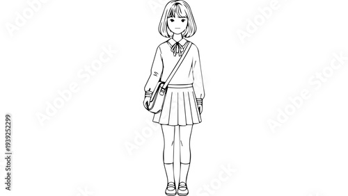 Black and white line art vector illustration of young schoolgirl wearing uniform with pleated skirt, long sleeves, shoulder bag and shoes, front view
