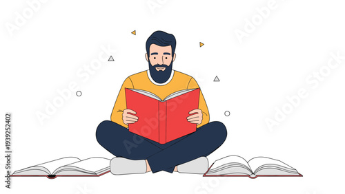 A bearded man sits cross-legged surrounded by open books, deeply engrossed in reading and intellectual exploration.