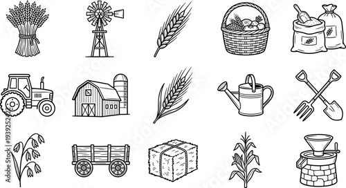 Collection of various farm and agriculture related icons and objects