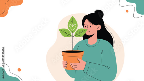 A smiling woman gently holds a potted plant with heart-shaped leaves, symbolizing love for nature, growth, and environmental care.