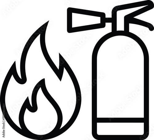 Fire extinguisher and flame icon in black outline on for safety and emergency concepts