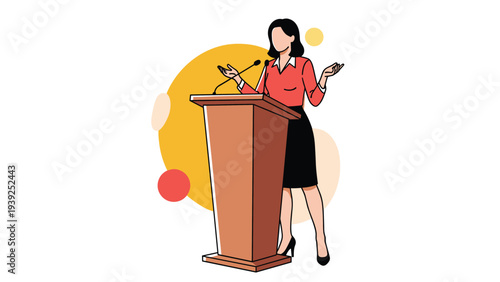 A confident woman stands at a podium with microphones, speaking or presenting to an audience, representing public speaking and leadership.