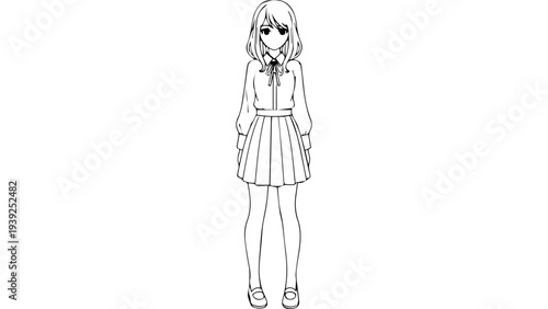 Black and white line art of full body schoolgirl character in uniform with skirt and long hair, front view outline illustration isolated on white vector
