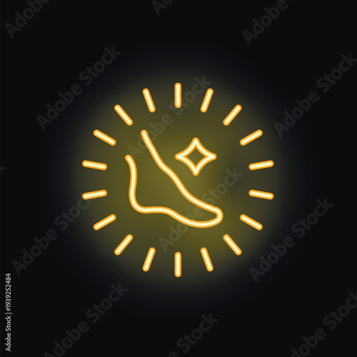 Neon icon of a foot with a shining star, representing foot care, hygiene, and health, glowing on a dark background