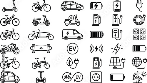Collection of electric vehicle and sustainable transportation icons on for eco friendly concepts