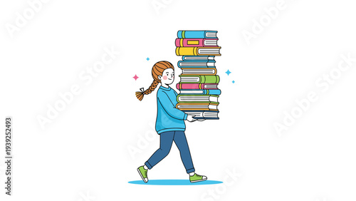 A determined young girl with braided hair carries a tall stack of books, representing diligence, learning, and academic ambition.
