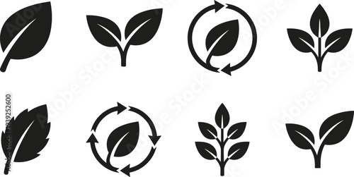Collection of various leaf icons in black silhouette on for ecology or nature concepts